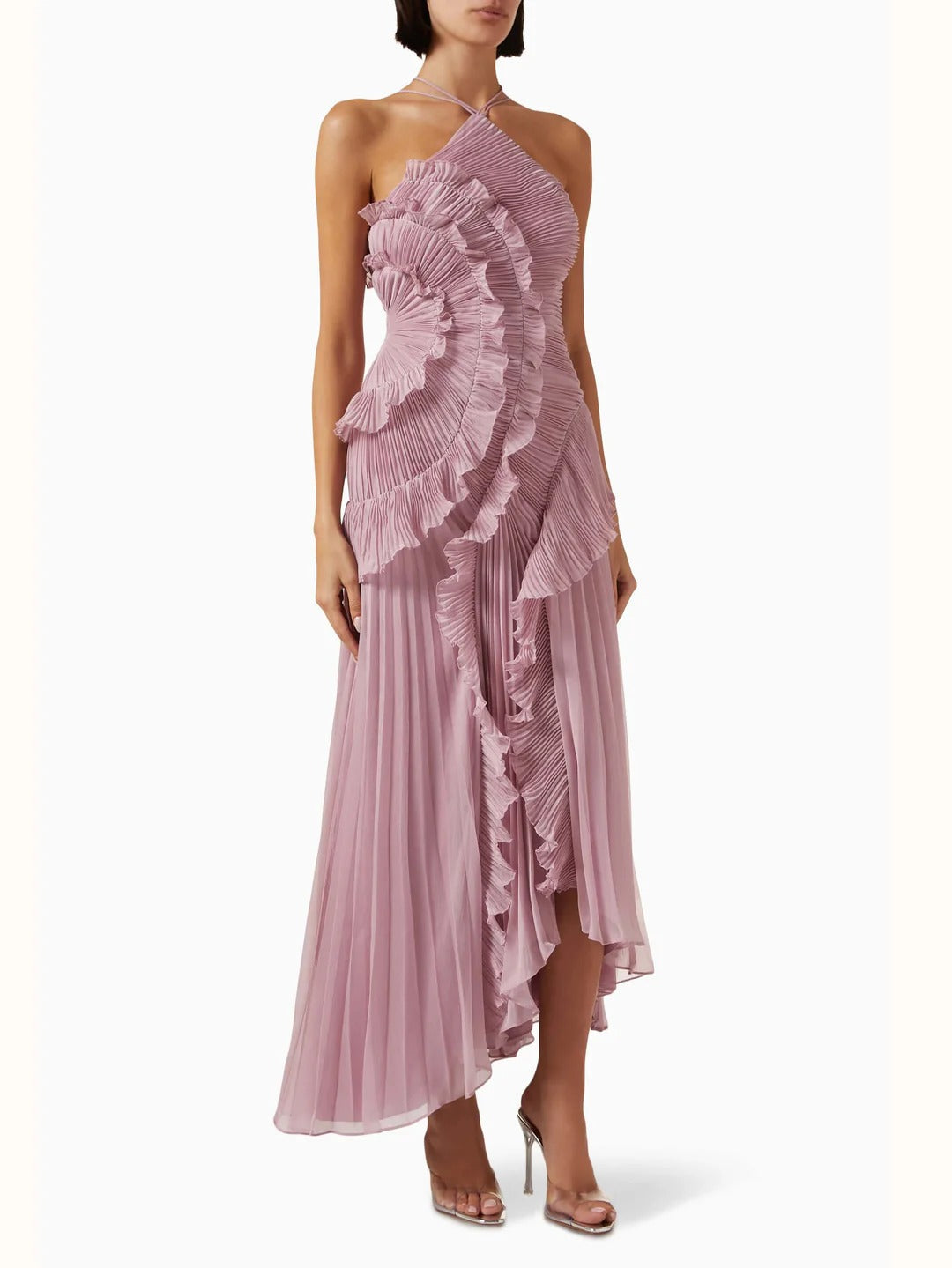 Vestido longo formal feminino, perfeito para eventos especiais, com babados.
