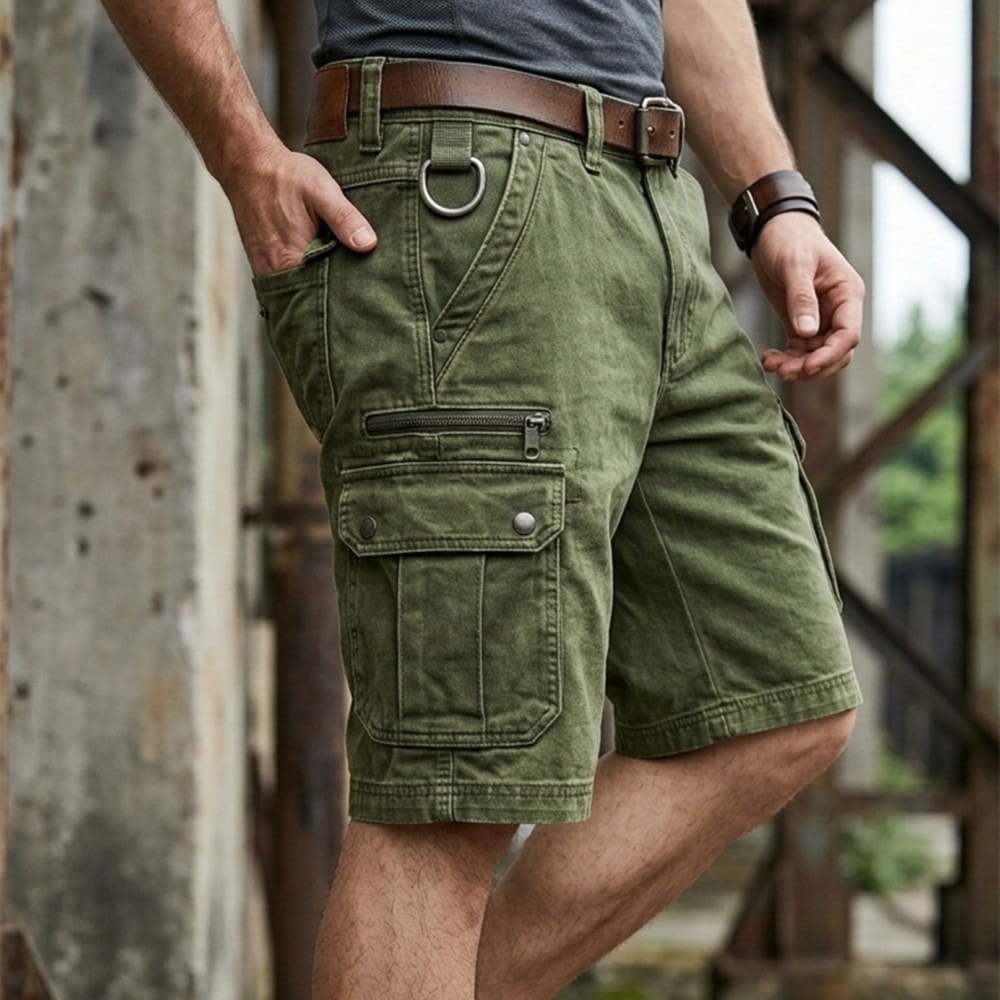 Calções masculinos funcionais, estilo cargo para o verão. Conforto e versatilidade em roupa casual.