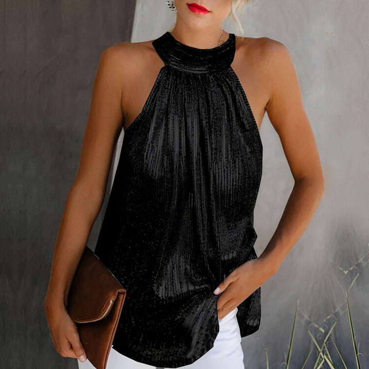Top Halter Loni feminino com brilho para um look casual chique ou festa. Estilo elegante e moda verão.