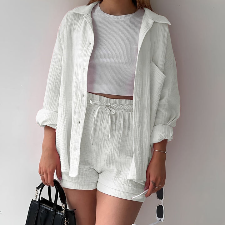 Conjunto feminino casual elegante com lapela e calça de cintura alta, perfeito para primavera e verão.