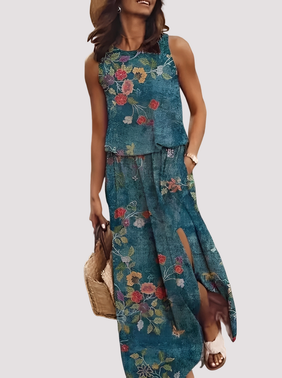 Vestido maxi feminino sem mangas para verão. Roupa de verão confortável, estilo casual e elegante Halle.