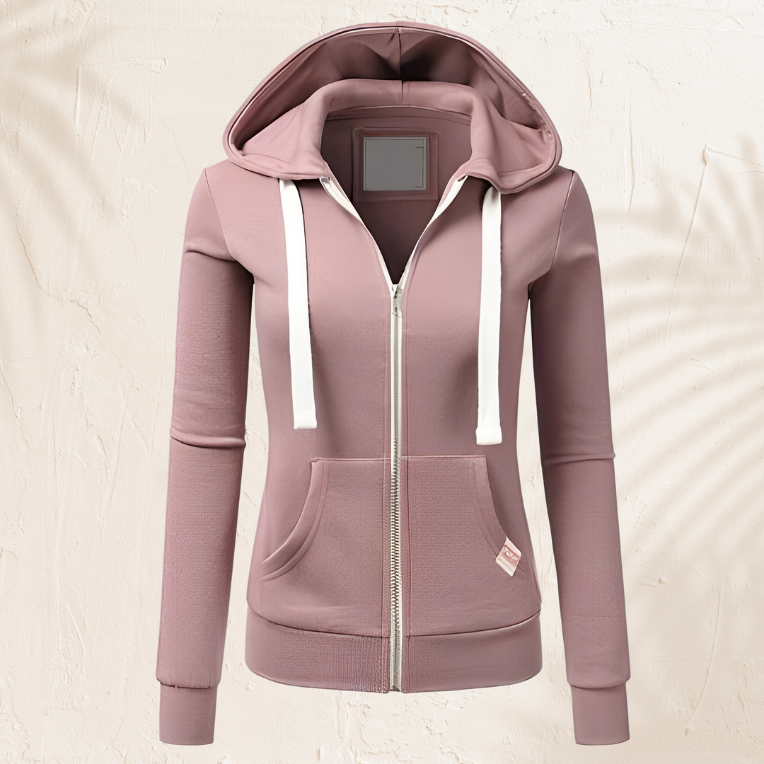 Blusão feminino casual com capuz e zíper, ideal para primavera e outono, toque de estilo e conforto.