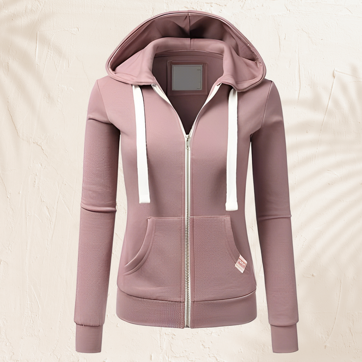 Blusão feminino casual com capuz e zíper, ideal para primavera e outono, toque de estilo e conforto.