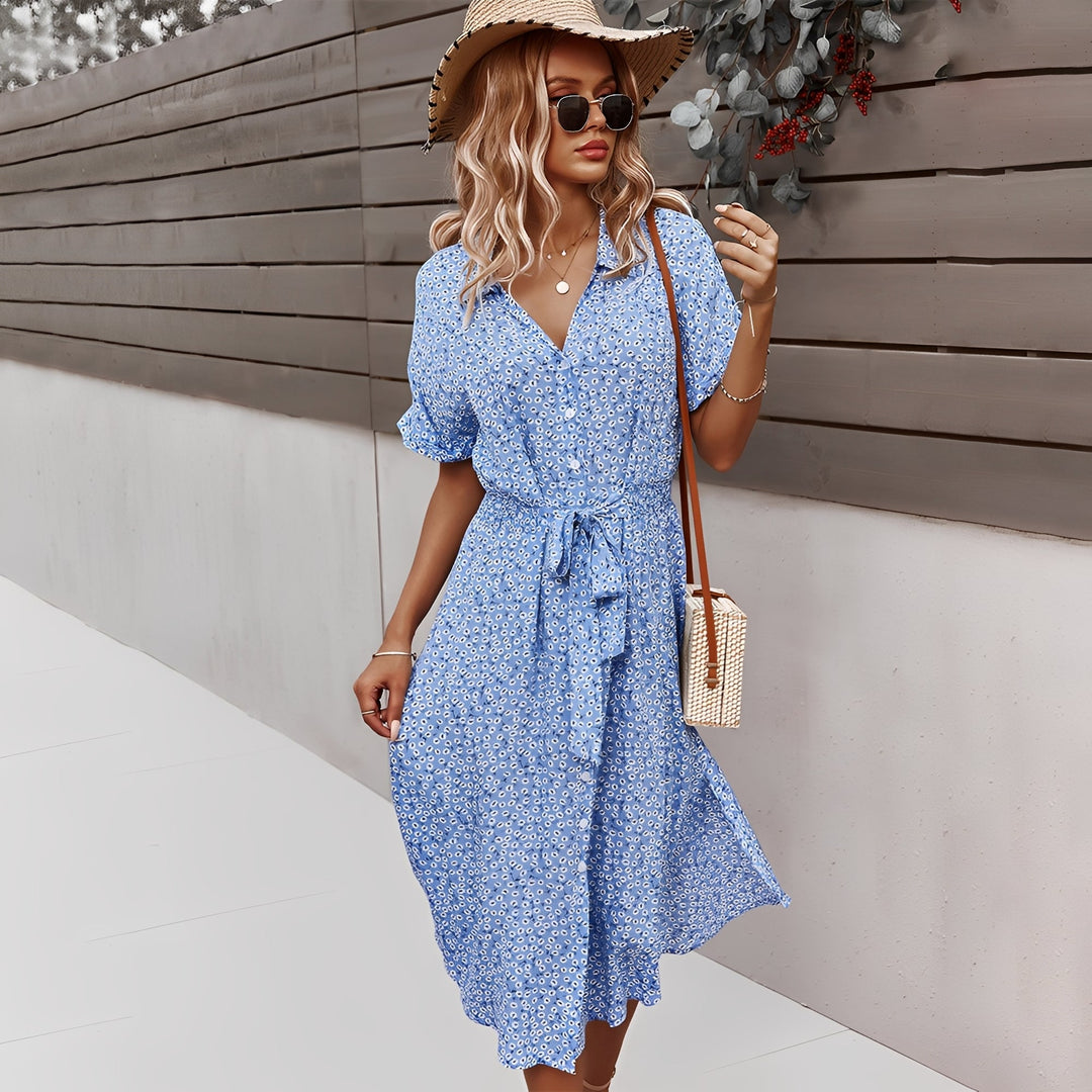 Vestido feminino midi floral Lily, estampa vibrante de verão, perfeito para casual e conforto.