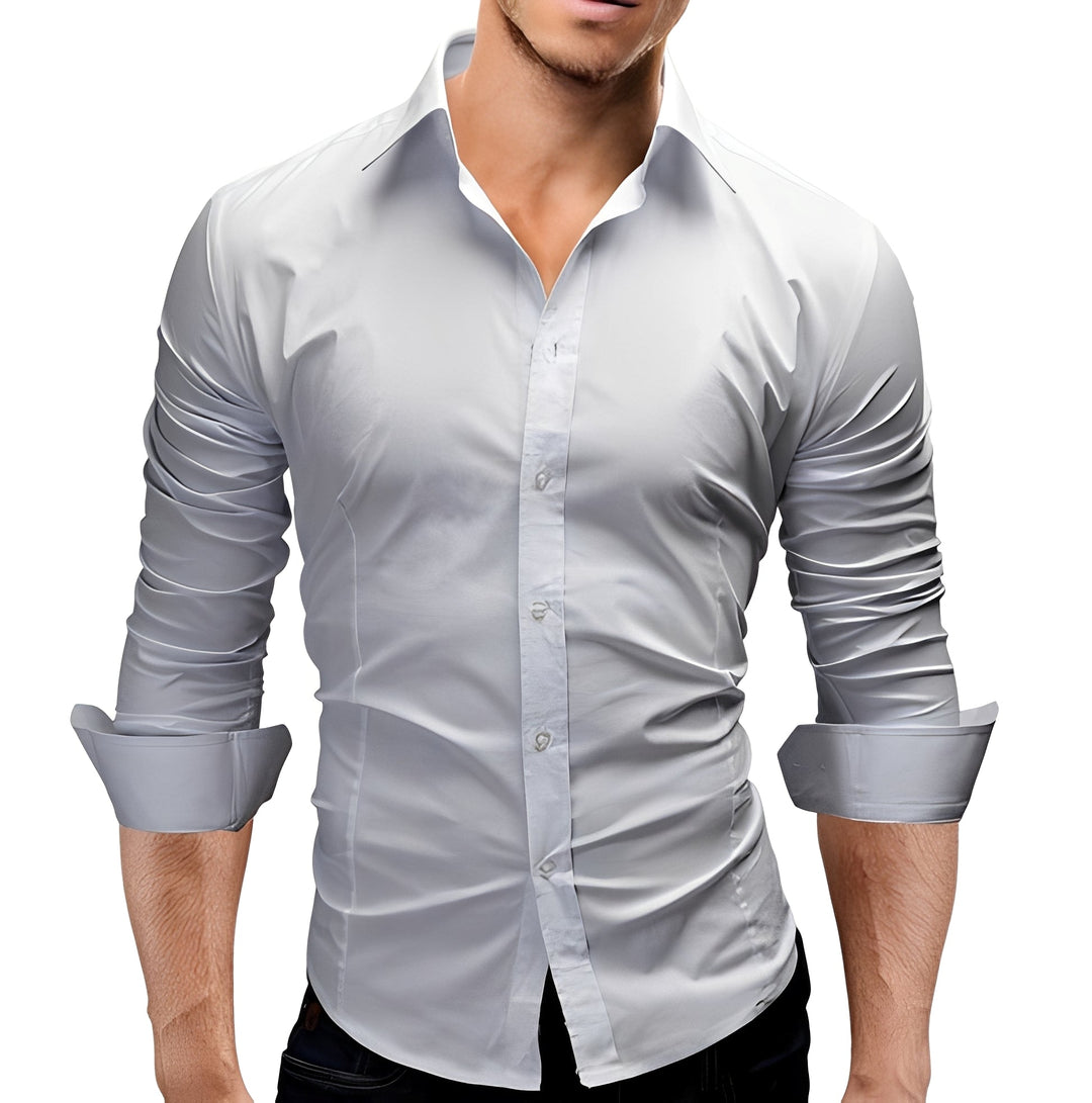 Camisa masculina slim fit de manga comprida. Estilo elegante e confortável, essencial para moda masculina verão.