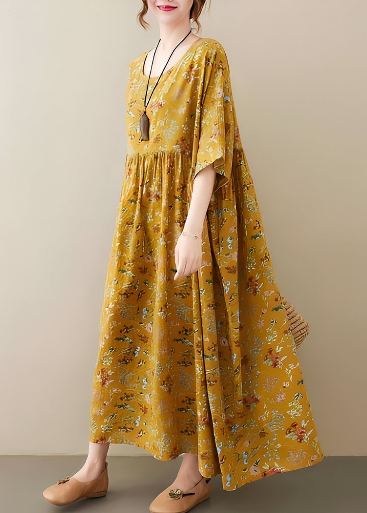 Vestido feminino Mariam solto e estampado para o verão, decote redondo, estilo casual e confortável.