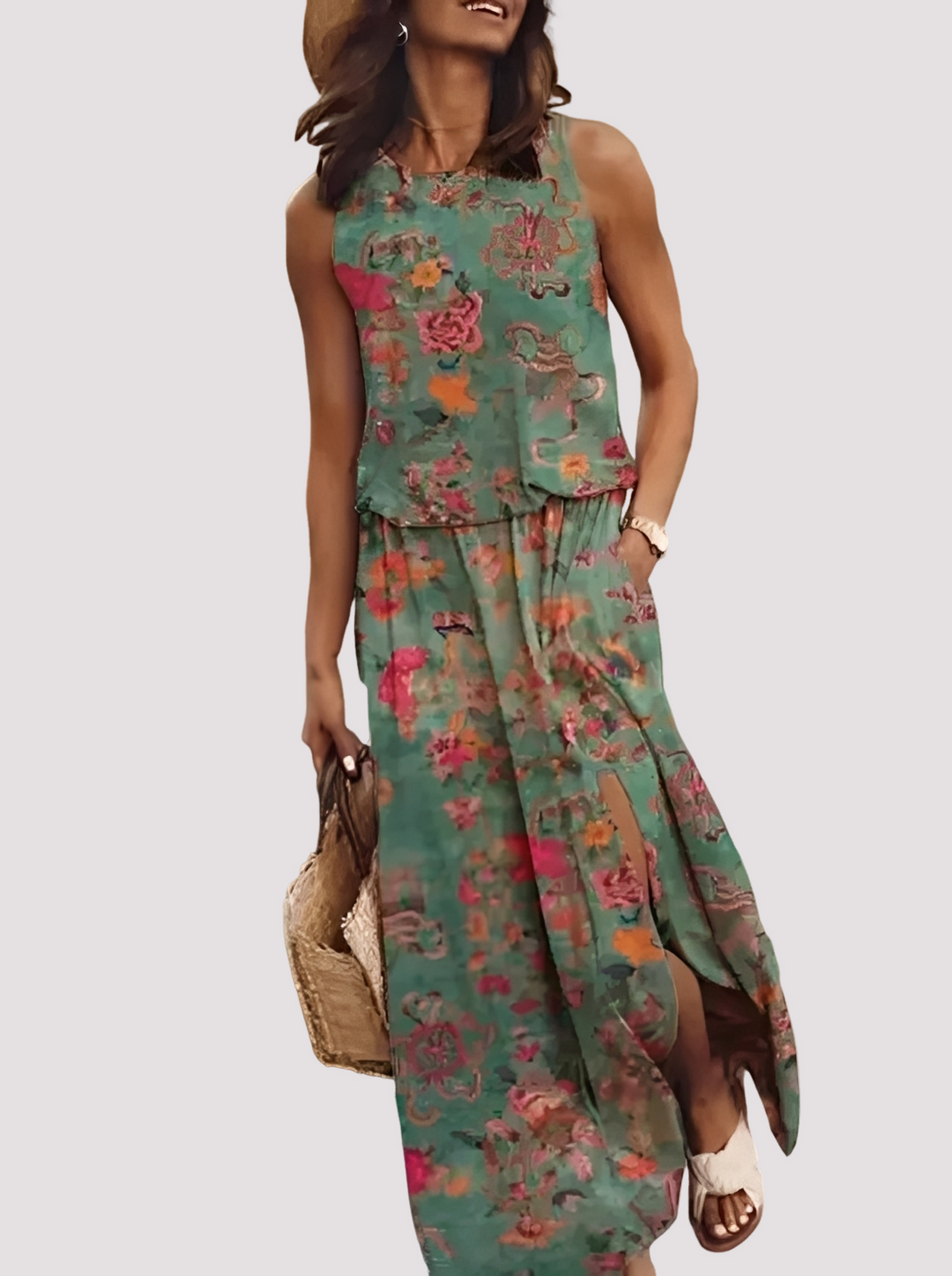 Vestido longo feminino Halle elegante, sem mangas, para verão casual. Conforto e estilo na moda feminina.
