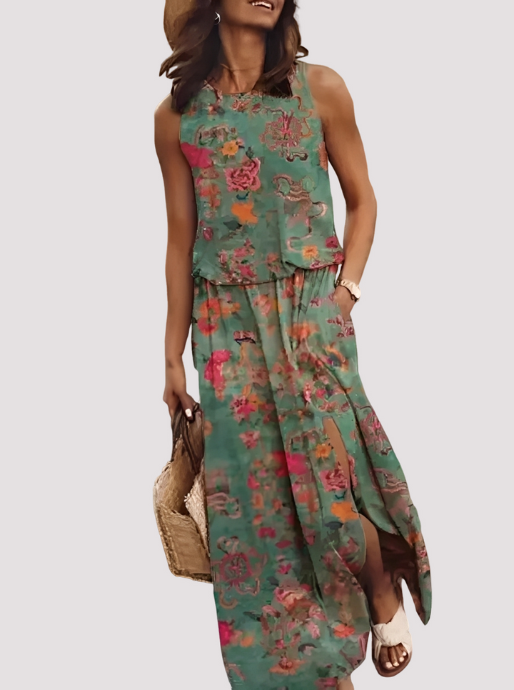 Vestido longo feminino Halle elegante, sem mangas, para verão casual. Conforto e estilo na moda feminina.