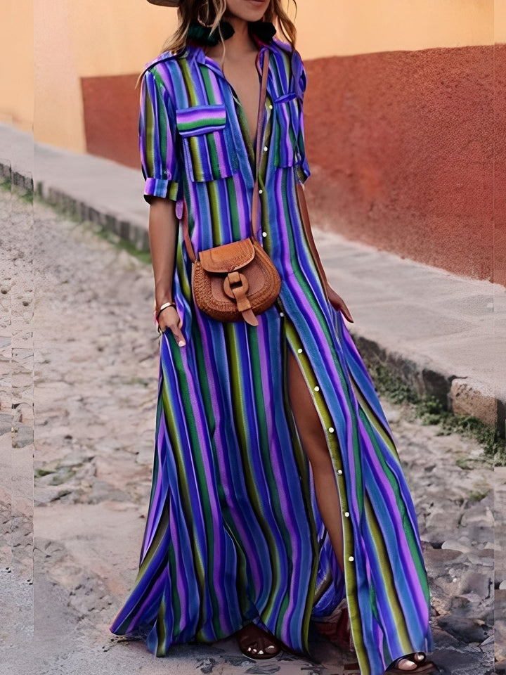 Vestido maxi listrado elegante para mulheres, roupa de verão casual ou sofisticada, com caimento fluido.