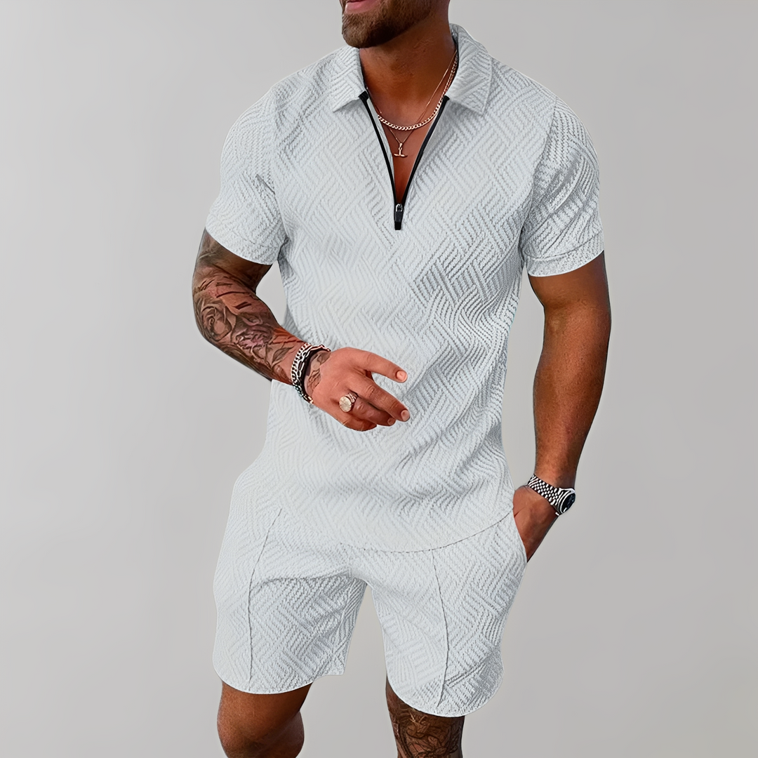 Conjunto de polo e shorts masculino vermelho, ideal para o verão, moda homem casual e elegante.