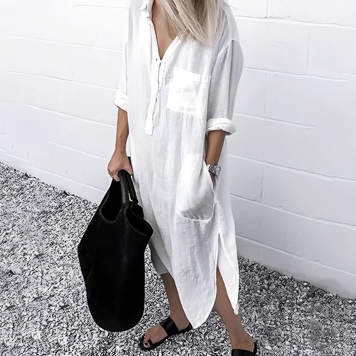Vestido feminino casual solto para verão com fenda, ideal para conforto e estilo no dia a dia ou praia.