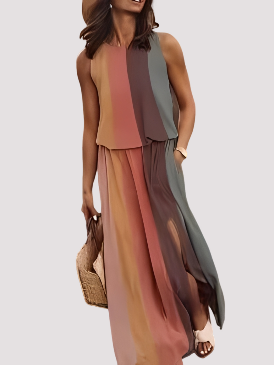 Vestido feminino longo Halle sem mangas, estilo elegante e casual. Moda feminina versátil para o verão.