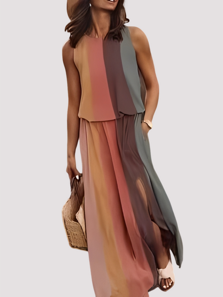 Vestido feminino longo Halle sem mangas, estilo elegante e casual. Moda feminina versátil para o verão.