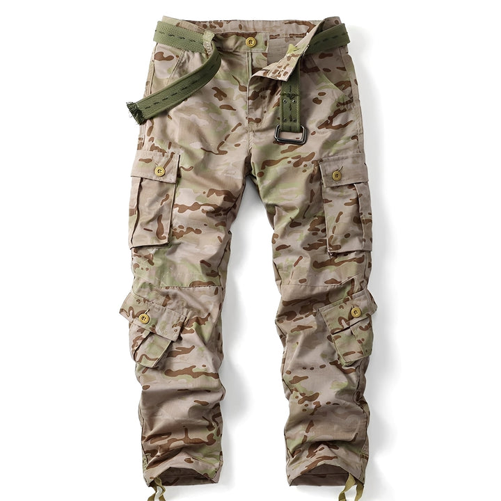 Calças cargo masculinas táticas em algodão durável, ideais para estilo casual e streetwear moderno.