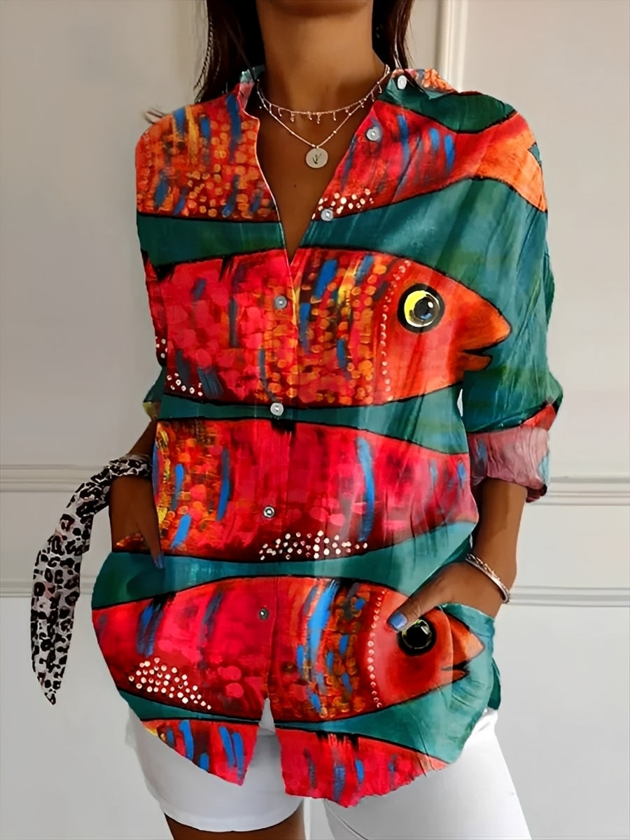 Camisa feminina elegante de manga longa com botões, perfeita para ocasiões casuais e formais, primavera/verão.