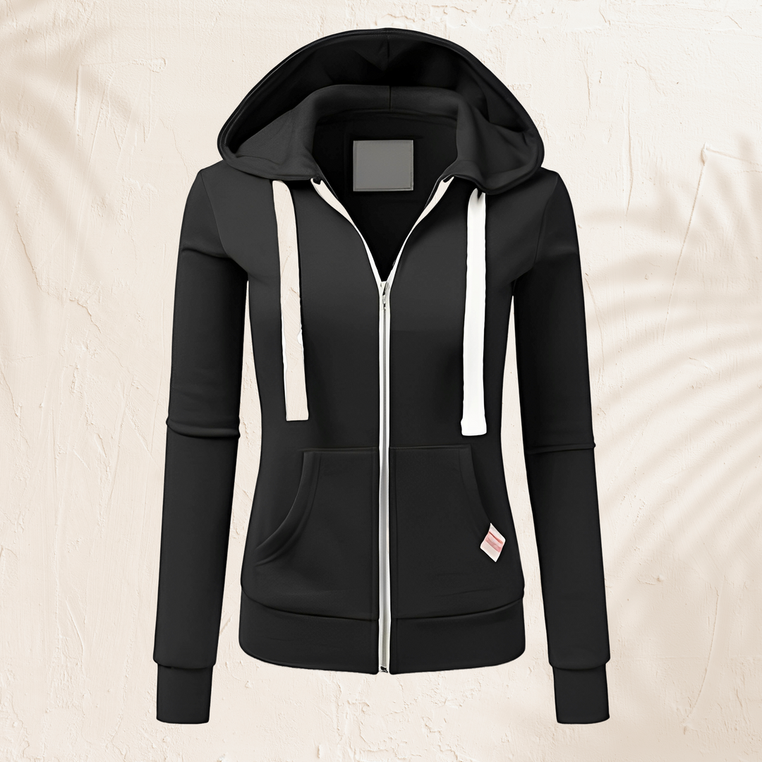 Roupa feminina versátil: moletom com zíper e capuz, essencial para conforto e estilo em qualquer estação.
