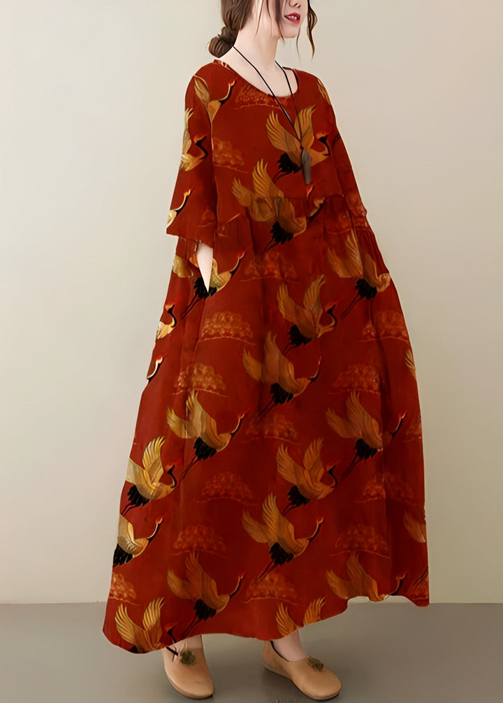 Elegante vestido feminino Mariam estampado com corte solto, decote redondo e tecido leve, perfeito para o verão.