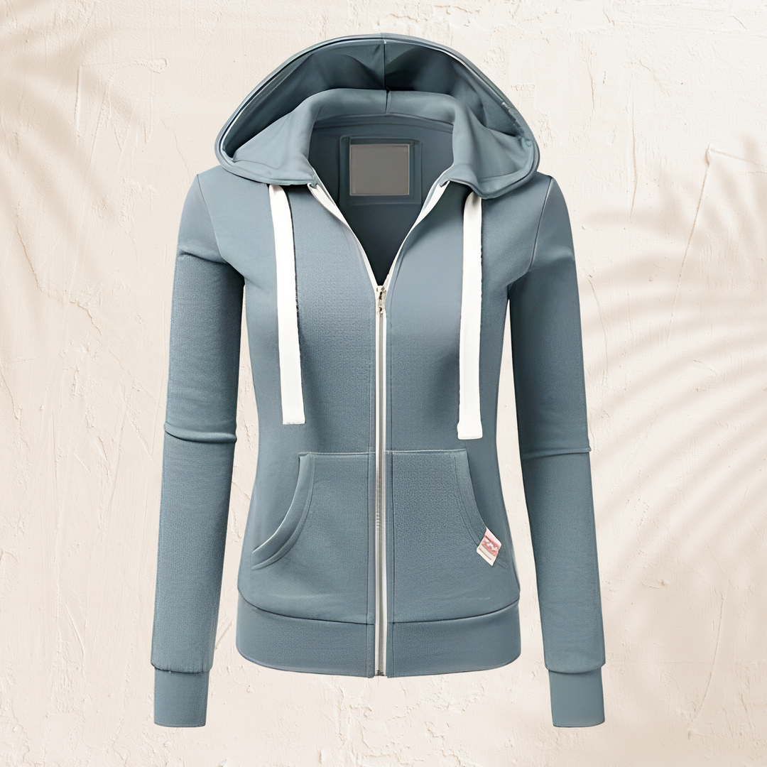 Moletom feminino com zíper e capuz para outono/inverno, confortável e estiloso.