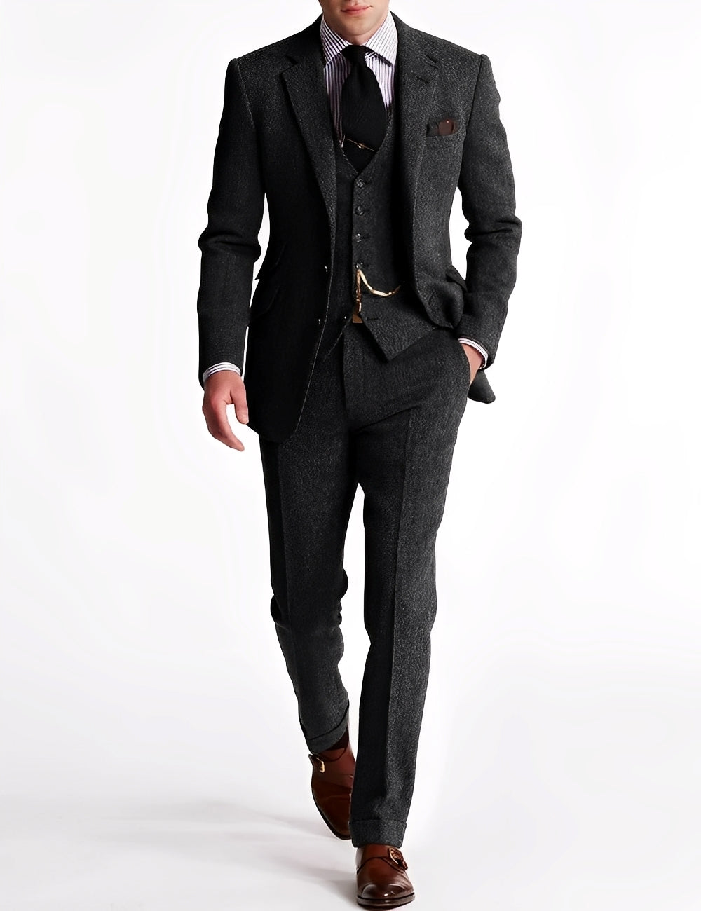 Colete de tweed masculino justo, parte do conjunto 3 peças. Essencial para um visual social formal e sofisticado.
