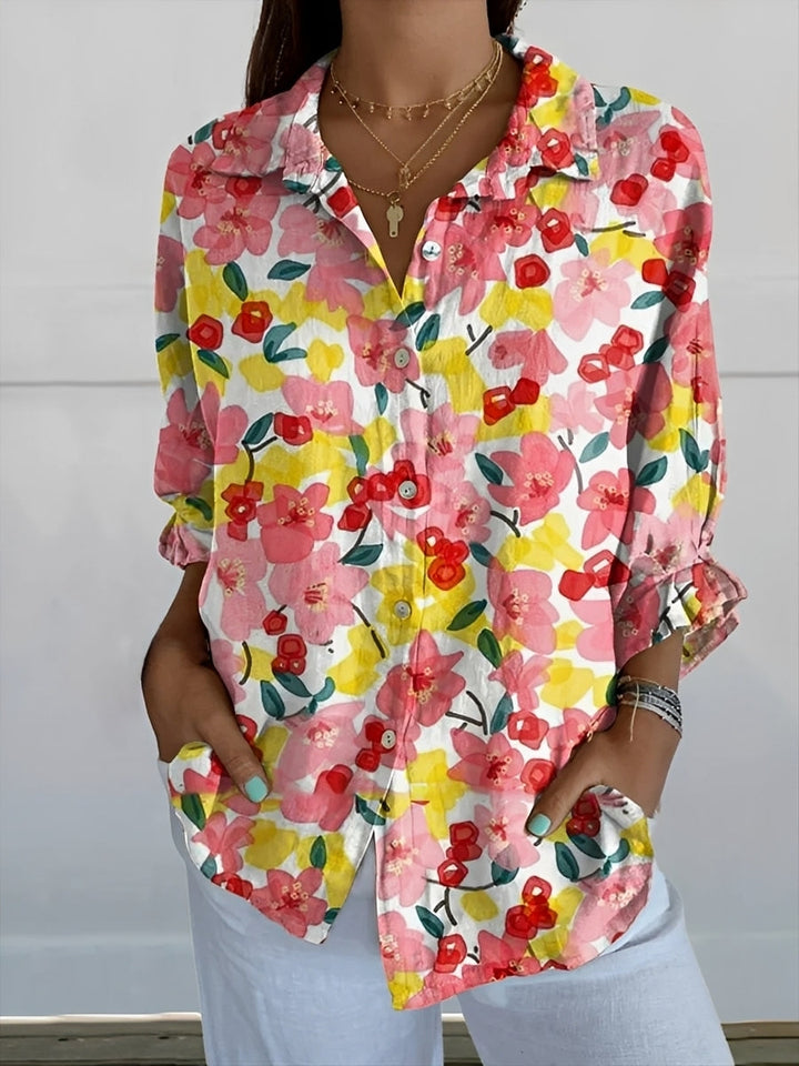 Blusa feminina casual de manga longa, botões frontais, perfeita para looks versáteis de primavera/verão.