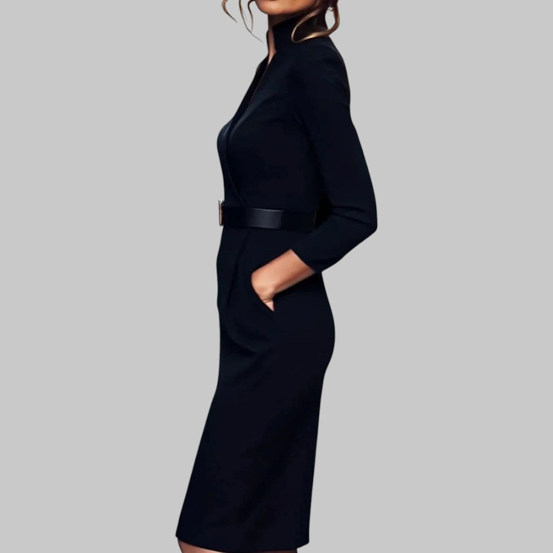 Vestido midi feminino versátil com decote V e mangas compridas, cinto ajustável, perfeito para o dia a dia elegante.