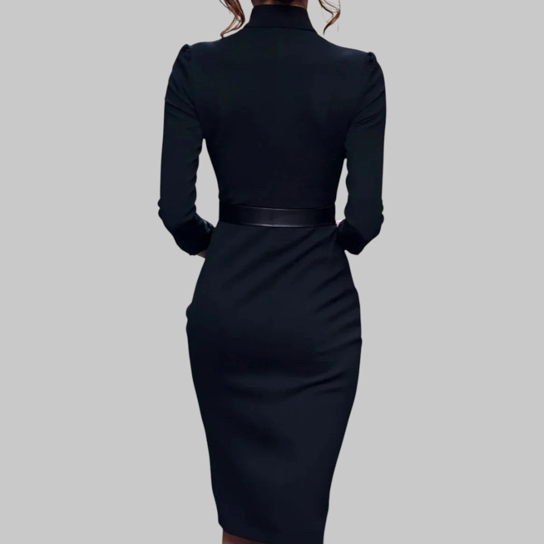 Elegante vestido midi feminino com cinto, manga comprida e decote V, ideal para escritório e ocasiões formais.
