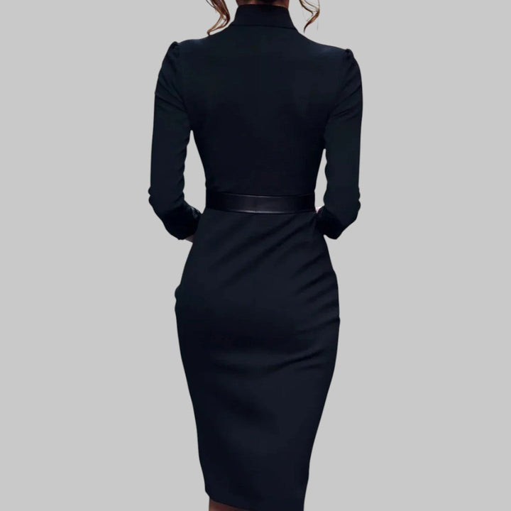 Elegante vestido midi feminino com cinto, manga comprida e decote V, ideal para escritório e ocasiões formais.