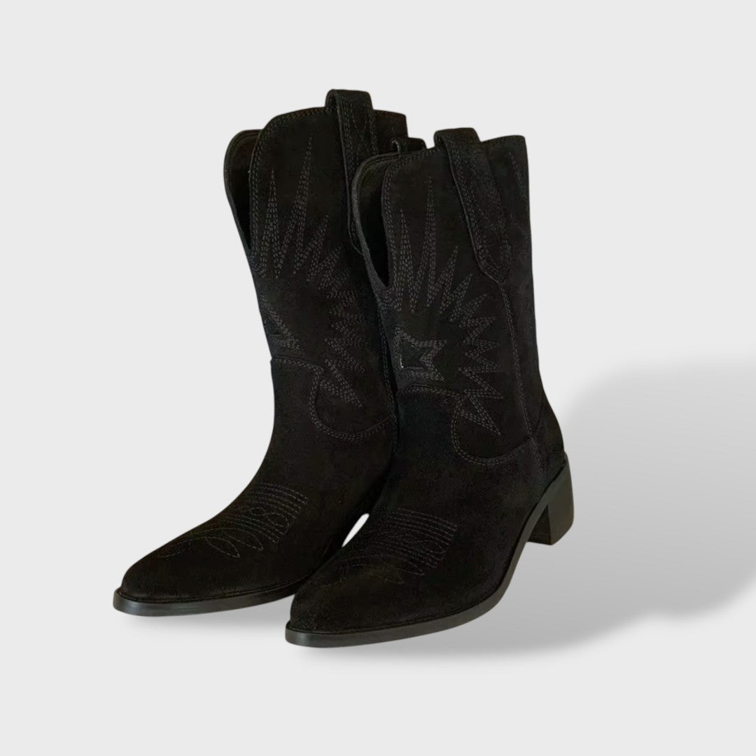 Botas de camurça bordadas cano alto, estilo cowboy feminino. Calçado versátil para outono/inverno.