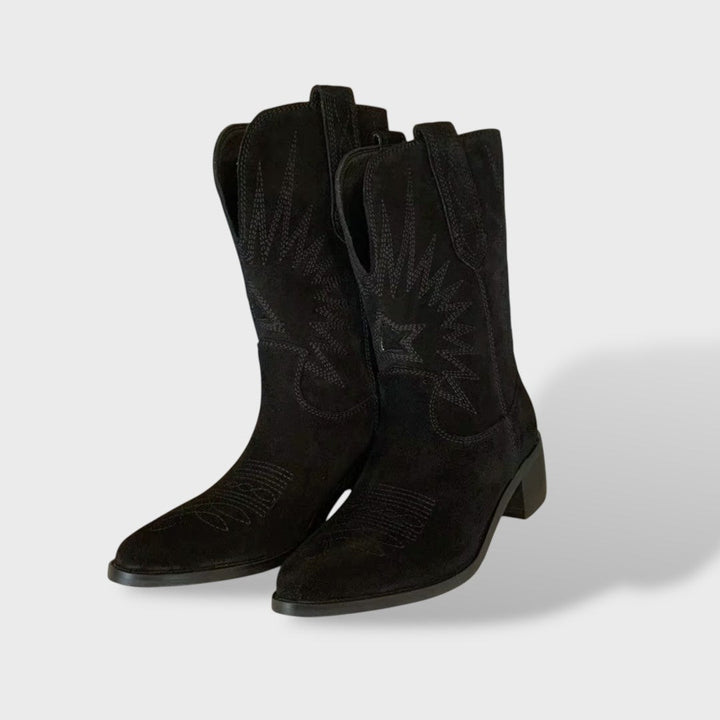 Botas de camurça bordadas cano alto, estilo cowboy feminino. Calçado versátil para outono/inverno.