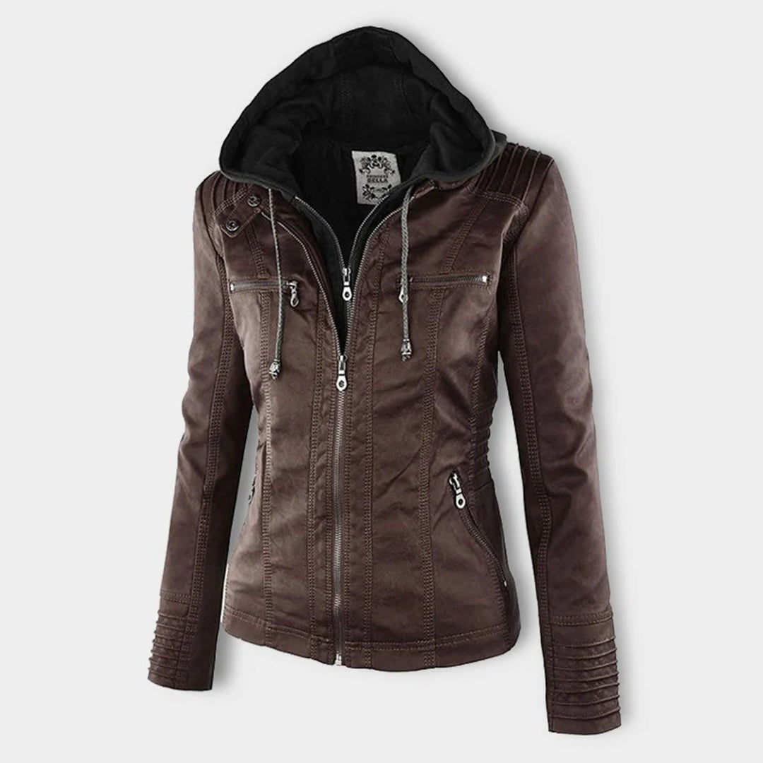 Moda outono: Casaco biker feminino com capuz removível em couro sintético. Conforto e estilo.