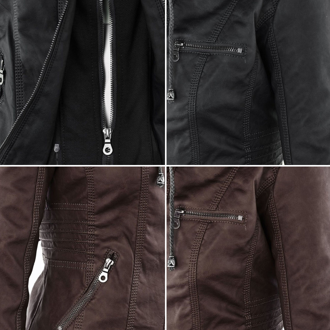 Costas do casaco feminino de couro sintético estilo biker com capuz removível.