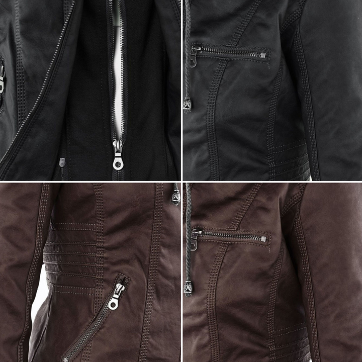 Costas do casaco feminino de couro sintético estilo biker com capuz removível.