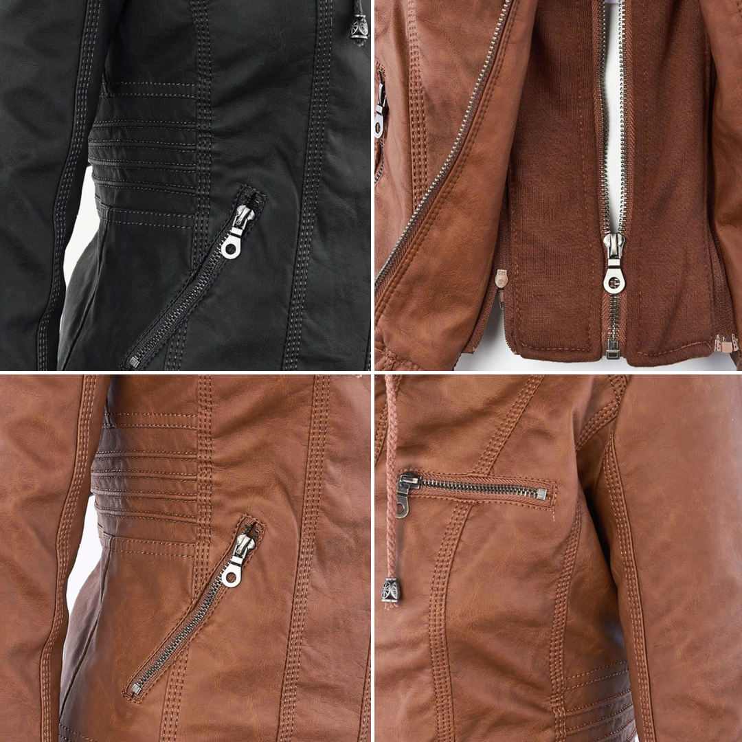 Detalhes dos zíperes do casaco biker feminino em couro sintético com capuz removível.