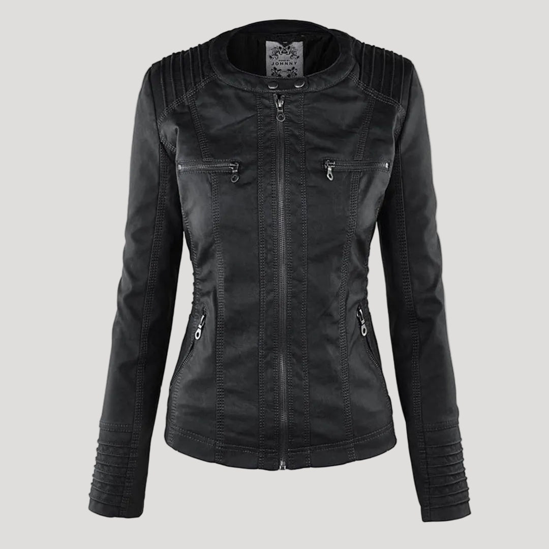 Jaqueta feminina biker de couro sintético com capuz cinza removível, perfeita para outono e primavera.