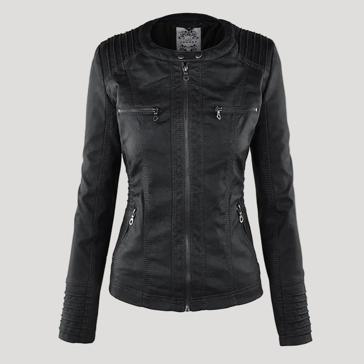 Jaqueta feminina biker de couro sintético com capuz cinza removível, perfeita para outono e primavera.
