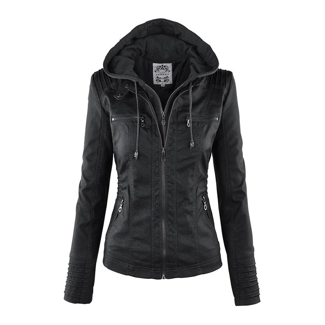 Casaco feminino de couro sintético, modelo biker, com capuz removível. Ideal para dias mais frescos.