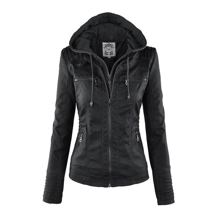 Casaco feminino de couro sintético, modelo biker, com capuz removível. Ideal para dias mais frescos.
