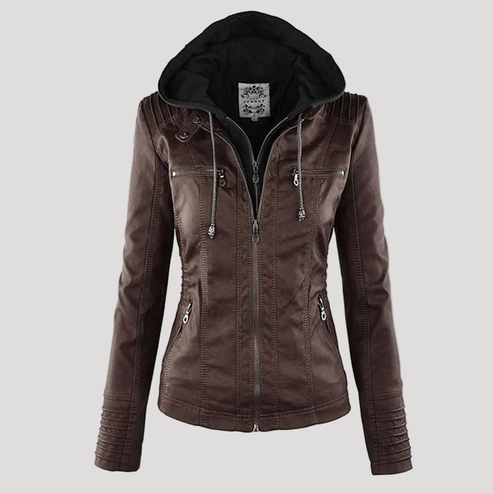 Peça essencial: Casaco biker feminino em couro sintético com capuz removível, moda e funcionalidade.