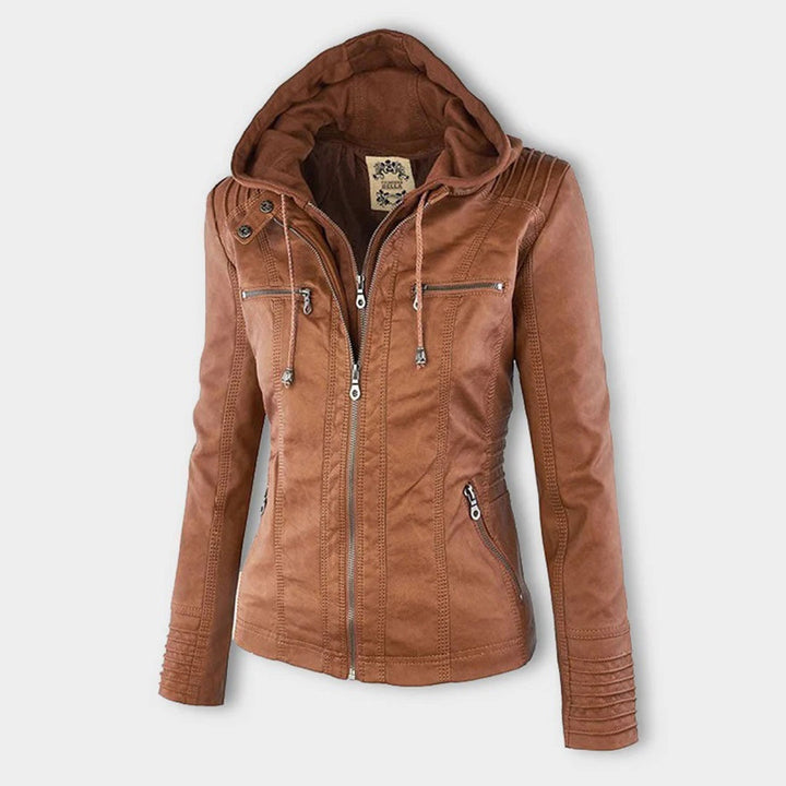 Jaqueta de couro sintético feminina com fecho de zíper e capuz, perfeita para o estilo urbano.