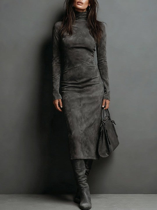 Vestido midi feminino casual e confortável com gola alta e mangas longas. Roupa versátil para outono.
