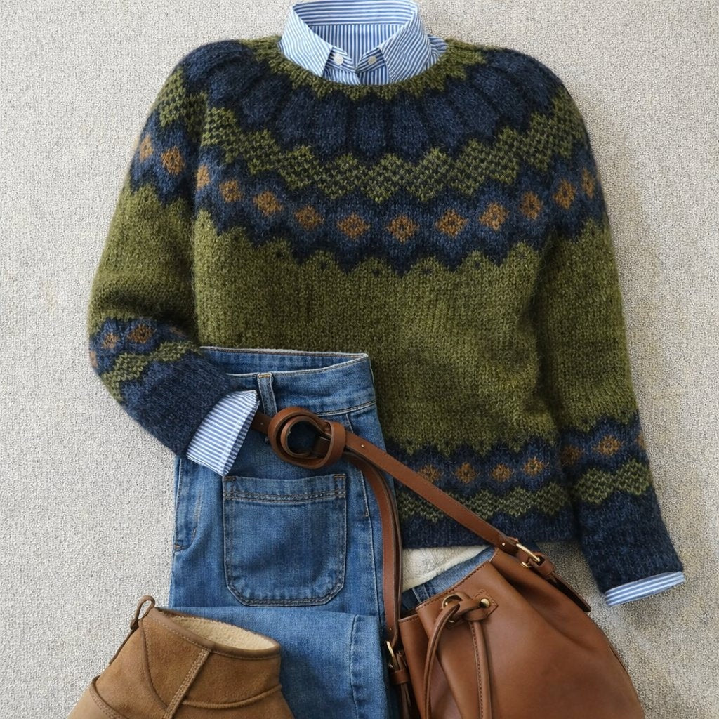 Camisola feminina de lã com padrão Fair Isle nórdico, gola redonda, perfeita para o inverno e outono. Roupa casual.