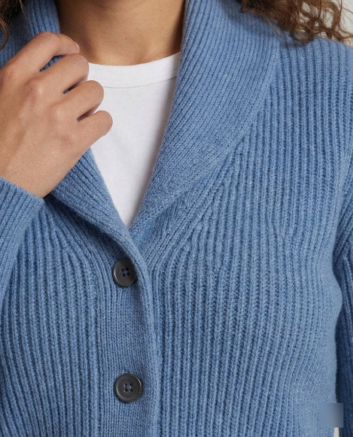Casaco de malha elegante para mulher, estilo versátil casual ou escritório, com gola reversível.