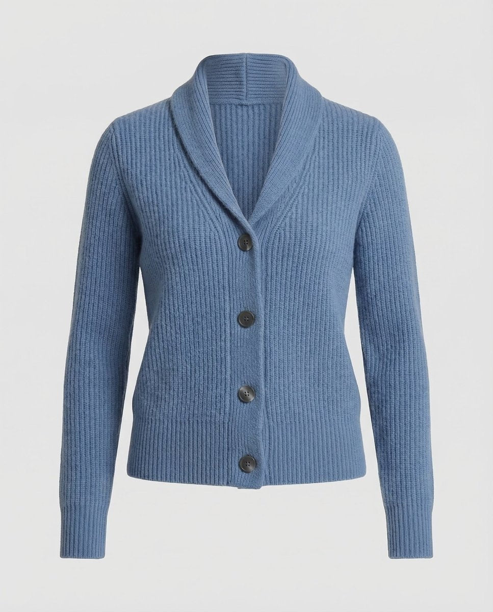 Casaco de malha feminino elegante com botões e gola reversível, moda essencial para mulher.