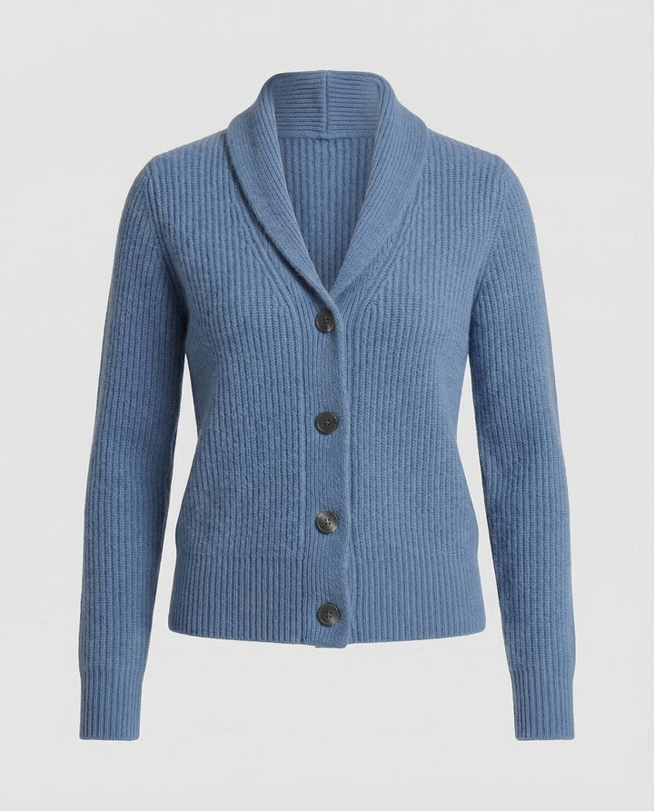 Casaco de malha feminino elegante com botões e gola reversível, moda essencial para mulher.
