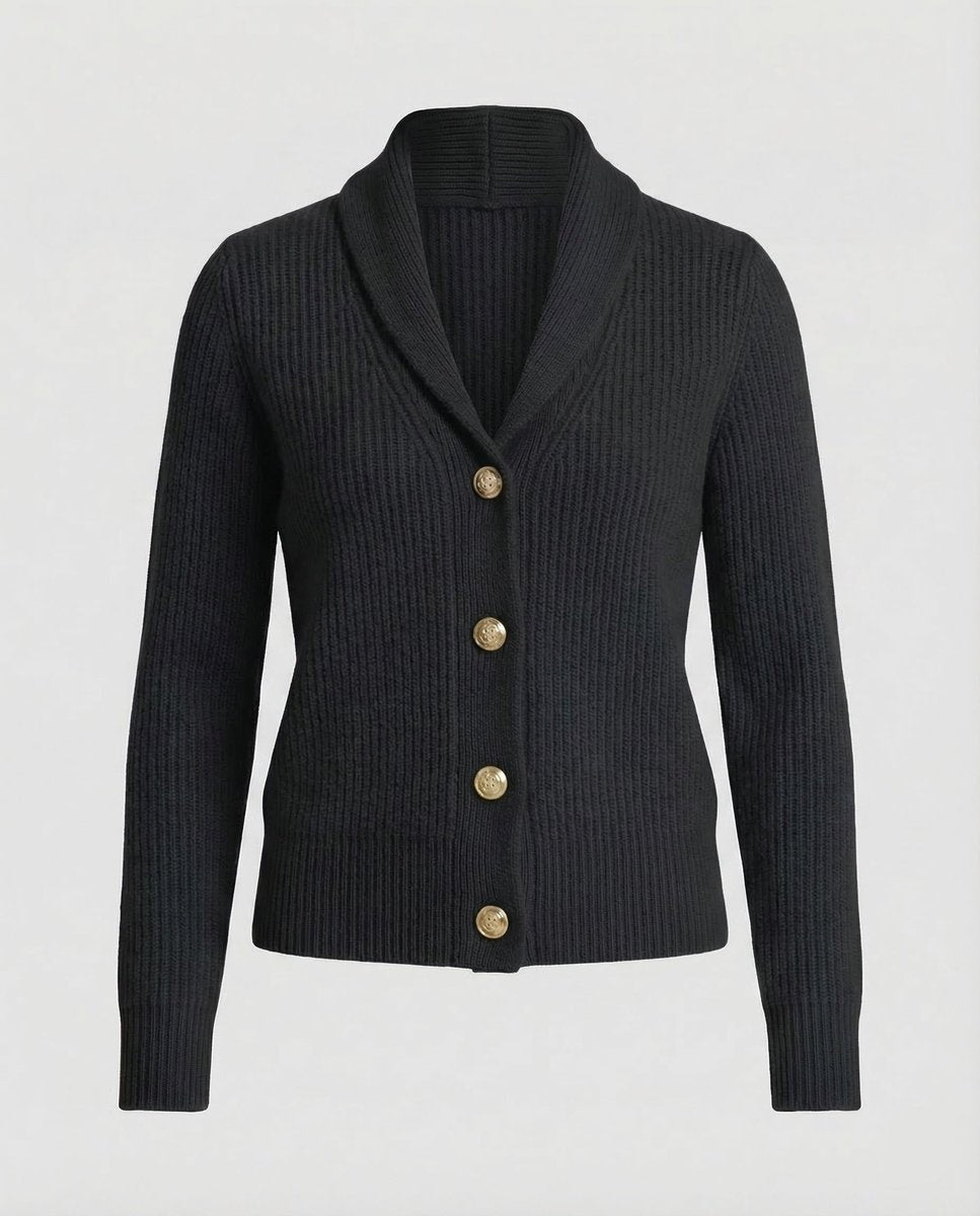 Casaco de malha feminino elegante, gola reversível, botões, ideal para moda casual e chique da mulher.