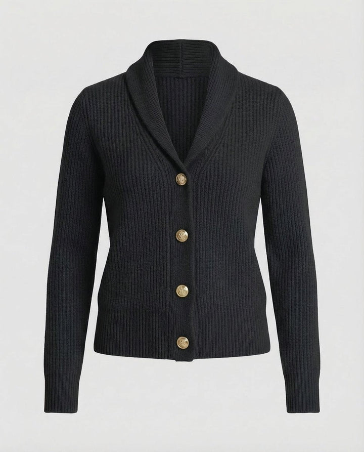 Casaco de malha feminino elegante, gola reversível, botões, ideal para moda casual e chique da mulher.