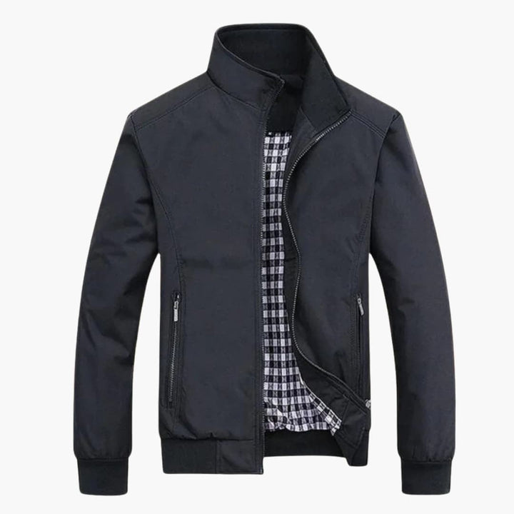 Casaco masculino casual e elegante, blusão gola alta com zíper e detalhe xadrez, para um look moderno.