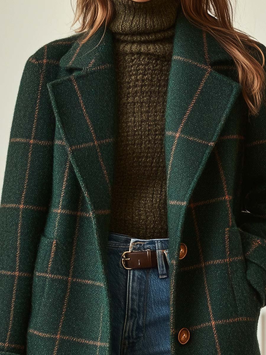 Casaco de lapela xadrez retrô para mulher, roupa de inverno com padrão clássico e estilo vintage.