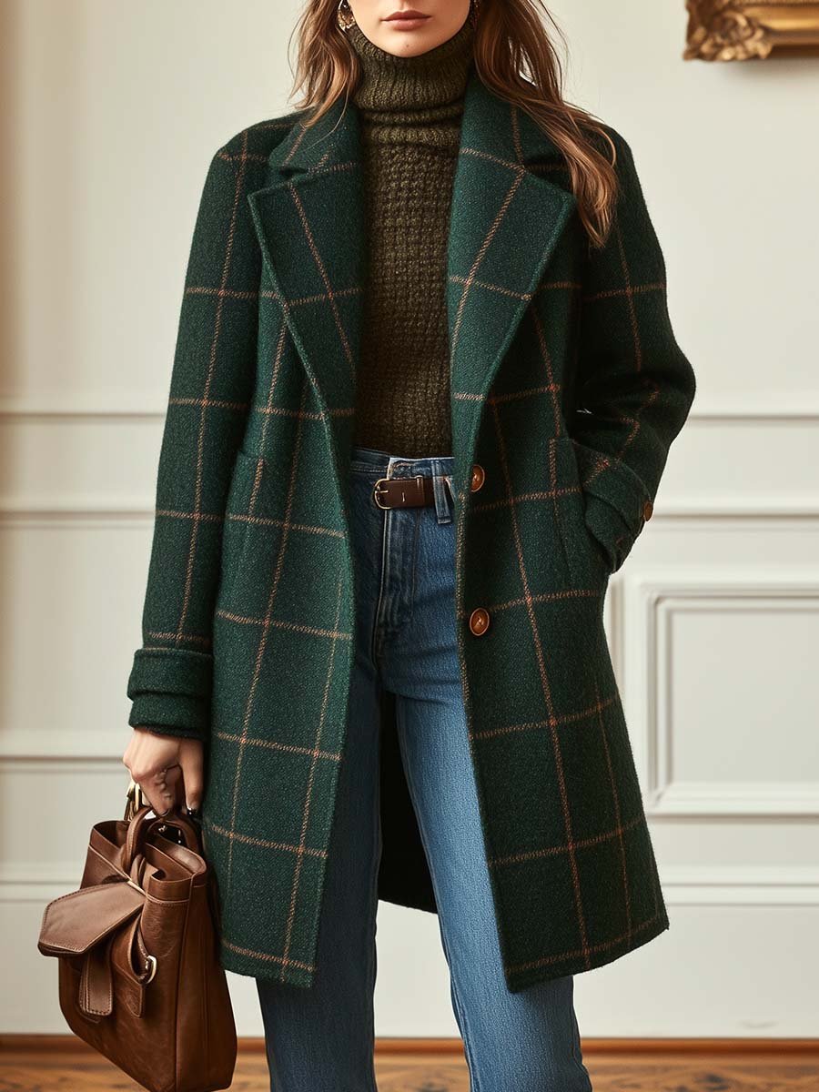 Casaco feminino retrô xadrez com lapela, estilo vintage elegante para outono/inverno, moda feminina.