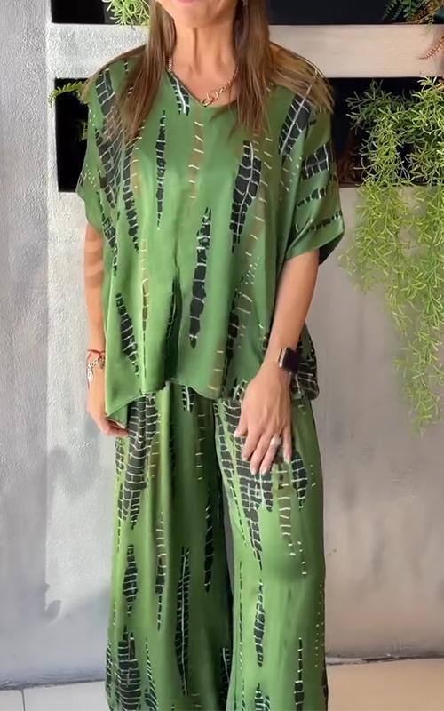 Conjunto feminino estampado de moda, casual e elegante, perfeito para o verão e conforto diário.